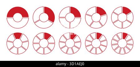 Diagramme mit Symbolen für Torten, Pizzaformen. Rote Kreisdiagramme geteilt 2, 3, 10, 7, 8, 9, 10, 11 gleiche Teile. Coaching leere Vorlage. Satz von Stock Vektor