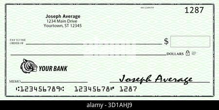 Ein nachgeahmter persönlicher Bankscheck wird als Vektorillustration gesehen. Stock Vektor