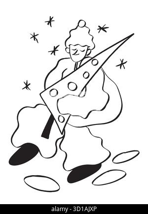 Vektorlinie Doodle Illustration eines Mannes mit einem Weihnachtsbaum, der durch Schneefelder geht. Stock Vektor