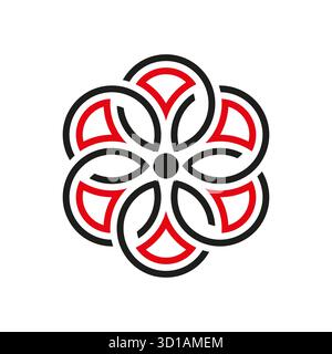 Runder Blumenschmuck. Rote schwarze Kreise. Geometrisches Blumensymbol. Dekoratives Vektorelement. EPS 10. Stock Vektor