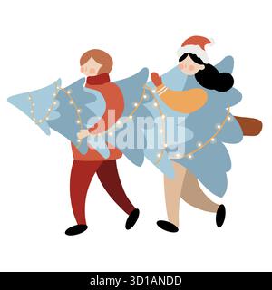 Leute, die einen Weihnachtsbaum tragen. Ein Mann und eine Frau mit einem Weihnachtsbaum. Weihnachtsmenschen, Vektor-Illustration. Vektor-Winter-Clipart isoliert auf weißem Hintergrund Stock Vektor