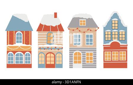 Eine Reihe von Wintervektorhäusern im skandinavischen Retro-Stil. Handgezeichnete Vintage-Click-Art-Kollektion. Vektor-flache Illustrationen von Weihnachtshäusern isoliert auf weißem Hintergrund Stock Vektor