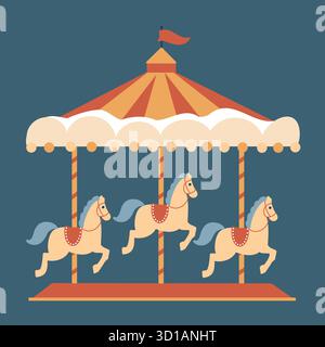 Vektor-flache Illustration eines Retro-Karussells mit einem Pferd isoliert auf einem dunkelblauen Hintergrund. Symbol des Neujahrs 2026. Symbol einer Messe, eines Festivals oder eines Vergnügungsparks Stock Vektor