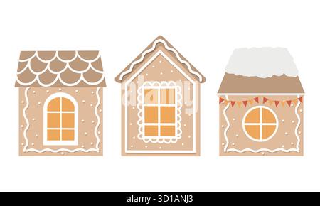 Ein paar süße Lebkuchenhäuser im Winter. Stilvolle Weihnachtsmarkt-Zelte. Weihnachtsbuden Vektor Flat Clipart. Abbildungen von Häusern isoliert auf weißem Hintergrund Stock Vektor