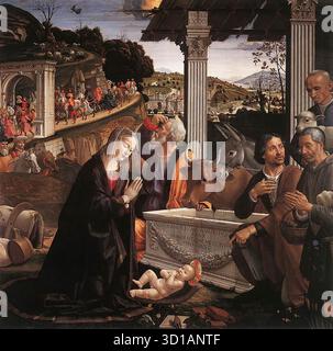 GHIRLANDAIO, Domenico (* 1449, Firenze, d. 1494, Florenz) Anbetung der Hirten 1482-85, 167 x 167 cm Santa Trinit?, Florenz „Er malte in Tempera, als Begleiter dieses Werkes, eine Geburt Christi, die das Wunder jedes denkenden Menschen erregt, indem er sein eigenes Porträt und einige Schäferköpfe einführte, die als göttlich gelten“ (Vasari). Die Sassetti-Kapelle ist der Geburt Christi geweiht, und deshalb ist viel in der Kapelle mit diesem Ereignis im Hinterkopf konzipiert. Das Altarbild die Anbetung der Hirten ist nicht nur das Hauptwerk der Kapelle, sondern auch ich Stockfoto