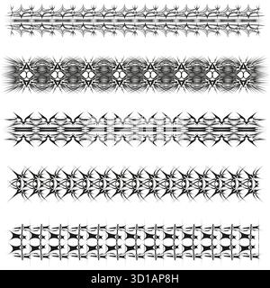 Dekorative nahtlose Ränder. Schwarzes, kompliziertes Muster. Horizontale Linienelemente. Vektor-Ornament-Vorlage. Stock Vektor