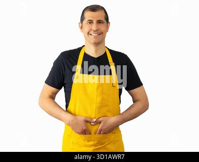Porträt, Mann und Café-Besitzer auf weißem Hintergrund mit selbstbewusstem Startup-Manager auf Mockup-Bereich. Stockfoto