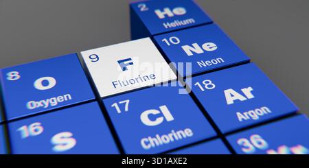 Detailansicht des chemischen Elements F Fluor mit der Atomzahl 9 innerhalb des Periodensystems der Elemente. Dynamischer Dispergierungseffekt an der Ecke Stockfoto