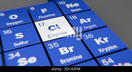 Detailansicht des chemischen Elements Cl Chlor mit der Atomzahl 17 innerhalb des Periodensystems der Elemente. Dynamischer Dispergierungseffekt am Mais Stockfoto