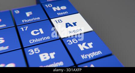 Detailansicht des chemischen Elements AR Argon mit der Atomzahl 18 innerhalb des Periodensystems der Elemente. Dynamischer Dispergierungseffekt an den Ecken Stockfoto