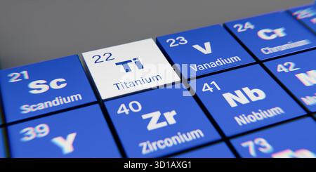 Detailansicht des chemischen Elements Ti Titan mit der Atomzahl 22 innerhalb des Periodensystems der Elemente. Dynamischer Dispergierungseffekt am Mais Stockfoto