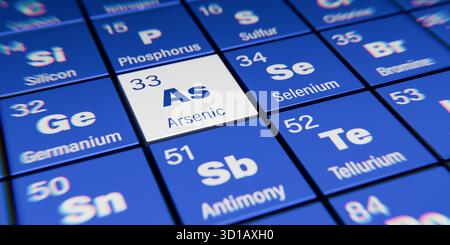 Detailansicht des chemischen Elements als Arsen mit der Atomzahl 33 im Periodensystem der Elemente. Dynamischer Dispersionseffekt an der Corne Stockfoto