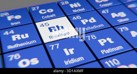 Detailansicht des chemischen Elements RH Rhodium mit der Atomzahl 45 im Periodensystem der Elemente. Dynamischer Dispersionseffekt an der Corne Stockfoto