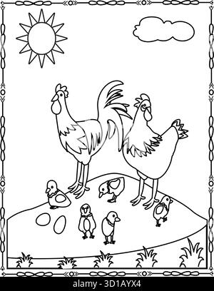 Hühner beobachtet Küken in einer Schüssel auf Heu. Geeignet für Konzeptkunst, Ausmalseiten oder Kinderbücher. Stock Vektor