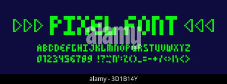 Pixelspiel fettgedrucktes Alphabet. Grüne Buchstaben, Symbole und Zahlen. Stock Vektor