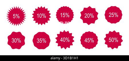 Kreisförmiger Aufkleber mit prozentualem Rabatt von 5 bis 50. Set mit roten Werbeabzeichen mit gewelltem Rand. Sternform mit Verkaufsetiketten. Vintage-Preisetiketten Stock Vektor