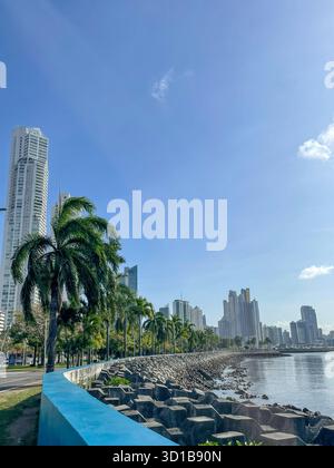 Palmen und moderne Wolkenkratzer entlang der Cinta Costera Waterfront in Panama City, Panama, unter einem klaren blauen tropischen Himmel. Stockfoto