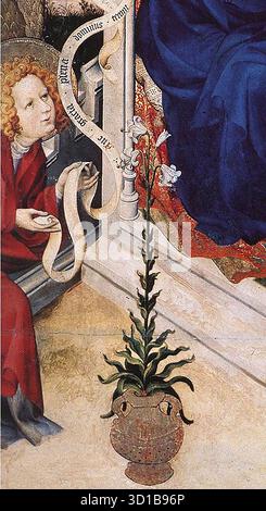 BROEDERLAM, Melchior (aktiv 1381-1409) die Verkündigung (Detail) 1393-99 Tempera auf Holz Mus?e des Beaux-Arts, Dijon das Bild zeigt ein Detail des linken Flügels des Dijon Altars. Die Lilie mit vier Blüten, die im Vordergrund zwischen Maria und dem Engel Gabriel steht, ist ein etabliertes Symbol der Jungfräulichkeit. --- Schlüsselwörter: ----------------- Autor: BROEDERLAM, Melchior Titel: Die Verkündigung (Detail) Zeitlinie: 1351-1400 Schule: Flämische Form: Malerei Typ: Religiös Stockfoto
