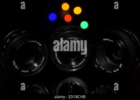 Drei Vintage-Kameraobjektive Stockfoto