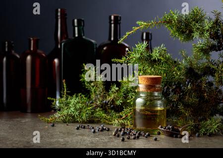 Ätherisches Wacholderöl und Zweige mit frischen Beeren. Vintage farbige Glasflaschen im Hintergrund. Das Konzept der Kräutermedizin. Stockfoto