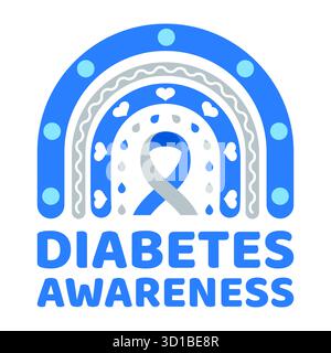 Diabetes Awareness Boho Regenbogen mit blauem und grauem Band. Welt-Diabetes-Tag. Bunte Illustration mit Kreisen, Herzen, Tropfenformen. Gesundheitsdesign Stock Vektor