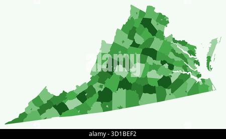 Karte von Virginia mit Countys. Nur eine einfache Grenzkarte mit Bezirksverteilung. Grüne Farbpalette. Stock Vektor