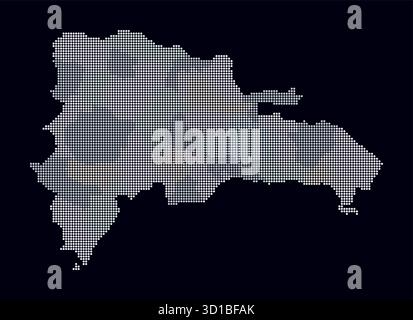Gepunktete Karte der Dominikanischen Republik. Digitale Landkarte des Landes auf dunklem Hintergrund. Dominikanische Republik Form mit Kreispunkten. Farbige Punkte. Stock Vektor