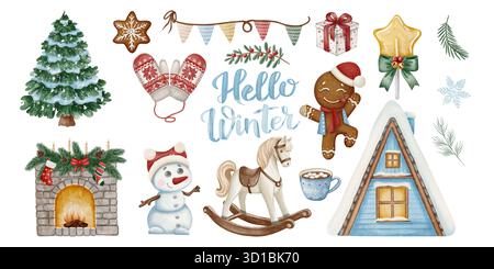 Aquarell Winter Clipart Set mit Weihnachtsbaum, Schneemann, Lebkuchen, Fäustlinge, Geschenke, und gemütliches Haus. Handbemalt in sanften Tönen, perfekt für Begrüßung Stockfoto