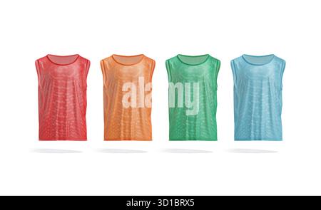 Leeres farbiges Fußballteam Übungsweste Modell, Vorderansicht, 3D-Rendering. Leere rote, orange, grüne und blaue Trikot-Uniform für Fußballspieler-Mock, ich Stockfoto