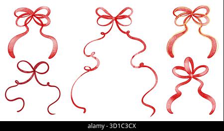 Rote Schleifen und Bänder in Aquarell. Handgezeichnete, isolierte Clipart-Elemente für Design, Druck und Dekoration. Mit Satin- und Seidenstilen. Stockfoto