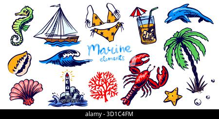 Nautische Meereselemente mit Welle, Delfin Meeresbewohner, Palme, Leuchtturm. Korallen, Muscheln, Hummer. Handgezeichnete Elemente für den Sommerurlaub. Stock Vektor