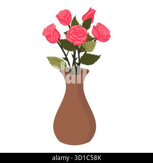 Ein Blumenstrauß aus fünf rosa Rosen in einer Keramikvase. Vektorillustration auf weißem Hintergrund. Stock Vektor