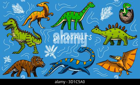Set von Dinosauriern. Skizzenhafte handgezeichnete Illustrationen für Kinderkleidung, kindisch. Tyrannosaurus, Pthylodatctyle, Brontosaurus. Stock Vektor