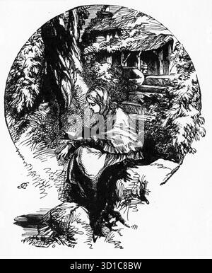 Gravur einer jungen Frau, die im Garten ein Buch liest Stockfoto