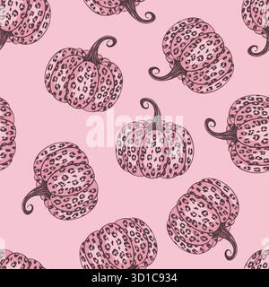 Rosa Halloween Kürbis. Nahtloses Vektormuster. Rosafarbenes Gepardenmuster, Leopardenmuster. Coquette Schleife. Vektorabbildung Stock Vektor