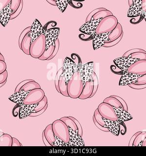 Rosa Halloween Kürbis. Nahtloses Vektormuster. Rosafarbenes Gepardenmuster, Leopardenmuster. Coquette Schleife. Vektorabbildung Stock Vektor