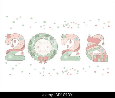 Eine bezaubernde Illustration der Zahlen 2026, verziert mit einem Weihnachtskranz und Konfetti. Ideal für Neujahrsgrüße und Weihnachtsmotive. Stock Vektor