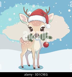 Eine magische Winterillustration eines niedlichen Rehs mit Weihnachtsschmuck auf dem Geweih und einem Zweig im Mund, vor einem Nordlichter Hintergrund. Stock Vektor