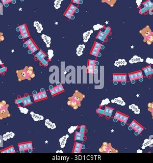 Dreamy Twinkle Stars, Teddybär und Choo Choo Train nahtloses Muster. Kinder Vektor Hintergrund. Vektorabbildung Stock Vektor