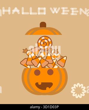 Niedlicher Halloween-Kürbis-Eimer mit Süßigkeiten-Überlauf. Stock Vektor