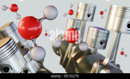 3D-Darstellung des Kolbenmotors und der Pleuelstange mit molekularen Modellen von H2O. Veranschaulicht einen futuristischen Machtansatz. Stockfoto