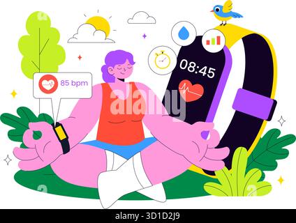 Smart Wearable Fitness Band Vektor Illustration Mit Smartwatch Tracker Mit Multimedia Apps Für Lifestyle, Arbeit Und Herzfrequenzüberwachung Stock Vektor