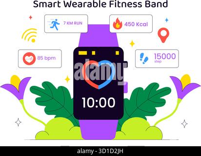 Smart Wearable Fitness Band Vektor Illustration Mit Smartwatch Tracker Mit Multimedia Apps Für Lifestyle, Arbeit Und Herzfrequenzüberwachung Stock Vektor