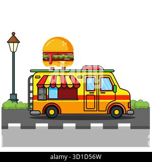 Cartoon Food Truck Icon mit Riesen Burger auf Dach Vektor Illustration isoliertes Design Stock Vektor