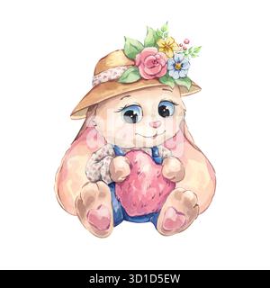 Ein flauschiger Hase mit langen Ohren in einem Hut mit Blumen hält ein rotes Herz. Stockfoto