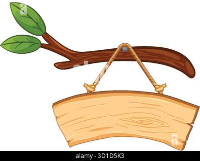 Leeres hölzernes Schild, das am Ast hängt, mit grünen Blättern, klaren Linien, natürlichen Farben. Stock Vektor
