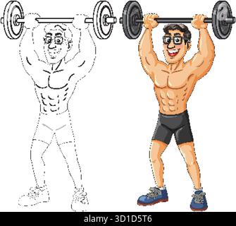 Vektor-Illustration des athletischen Mannes, der Langhantel hebt, dargestellt in Farbe und Umrissstilen Stock Vektor