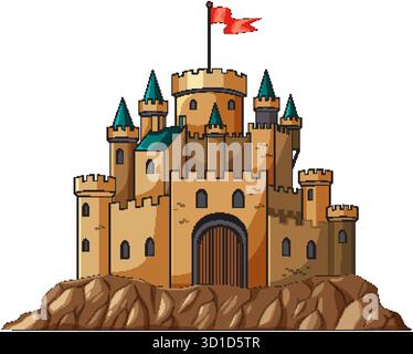 Cartoonvektor einer befestigten mittelalterlichen Steinburg mit Türmen, Bogentor, roter Flagge auf Felsen. Stock Vektor