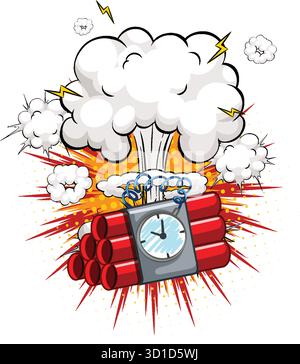 Comic-Vektor von Dynamit-Bundle mit explodierendem Timer, kräftigen Linien, hellen Farben und dramatischen Effekten. Stock Vektor