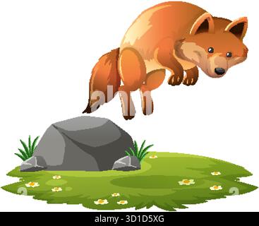 Cartoon-Rotfuchs springt über grauen Felsen auf grasbewachsenem Feld, helle Farben, weißer Hintergrund Stock Vektor